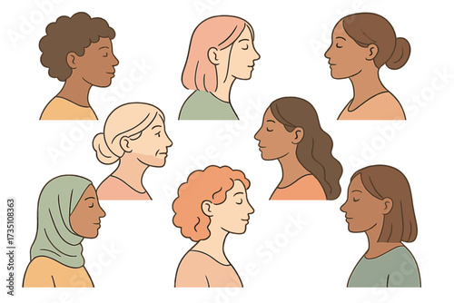 Women diversity, empowerment, and sisterhood concept. A multiethnic, multicultural collection of female profile portraits. Hand-drawn vector for International Women's Day.