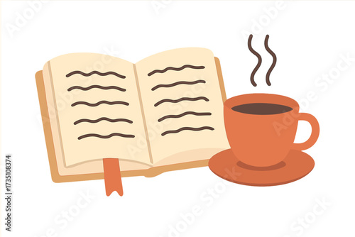 Open book with a cup of coffee. Readers gonna read quote. Flat vector for reading, learning, literature, bookstore, library. Cozy morning hobby with hot drink. Study icon.