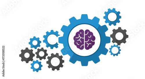 Gears surround a brain inside a blue gear some black