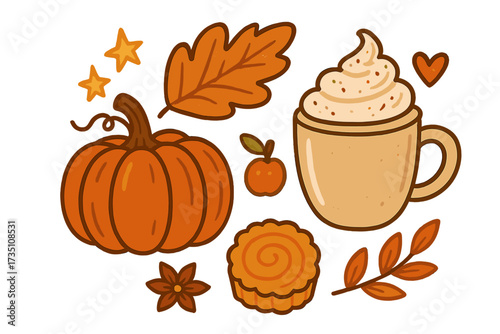 Autumn pumpkin spice set. Vector cartoon illustration collection. Cozy fall elements including latte, pie, apple, and leaf. Cute seasonal food and drink icons for design.