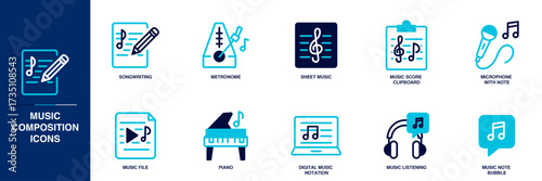 Music Composition Blue Colored Outline Icon Set