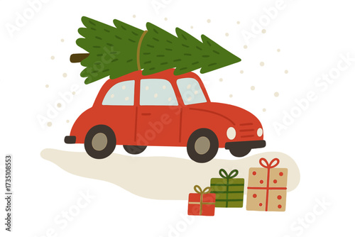 Red retro car with a Christmas tree on the roof driving in the snow. Vector flat illustration for a holiday greeting card with presents and gifts. Festive winter celebration.