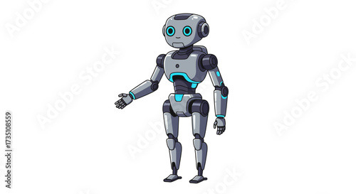 Gray robot stands right hand out cyan accents highlight its joints and chest