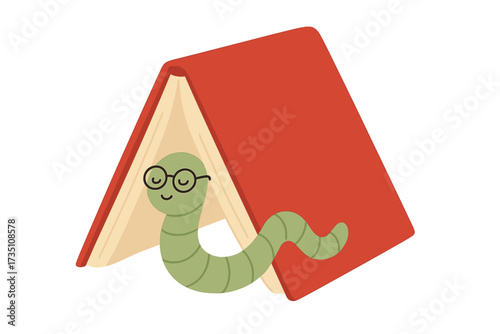 Bookworm in a book tent. Cute cartoon character with glasses. Reading, literature, and education concept. Smart worm for library, bookstore, or school. Vector illustration.