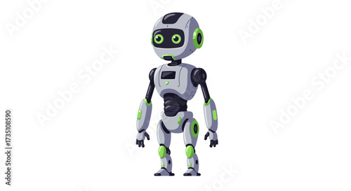 Grey robot with green accents standing on a white background