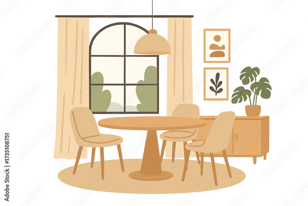 Fototapeta premium Scandinavian dinner room elegant design. Modern scandi interior illustration. Round table with soft chairs near big window. Cozy home furniture. Vector flat hand drawn concept.
