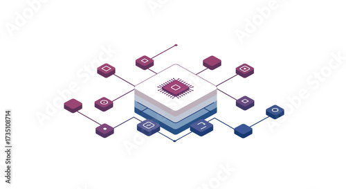 Isometric data network with a central processor connected to surrounding nodes via lines