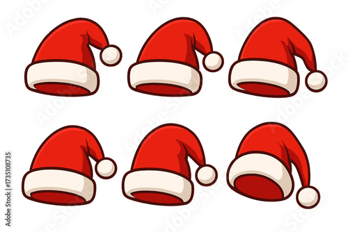 Santa red hats set. Christmas funny caps collection. Santa clothes warm hat element. Isolated vector flat illustration. Xmas fluffy accessory. Holiday costume cartoon pack.