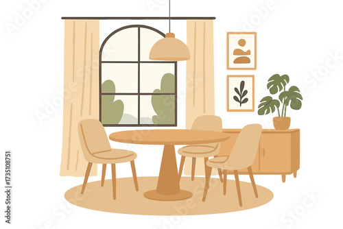 Scandinavian dinner room elegant design. Modern scandi interior illustration. Round table with soft chairs near big window. Cozy home furniture. Vector flat hand drawn concept.