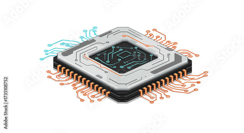 Isometric view of a gray and black computer chip with blue and orange wiring and pins