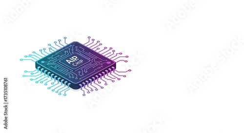 Isometric view of a blue  purple chip labeled AIP CHIP with connectors on a white background