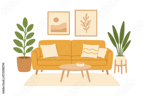 Scandinavian style living room interior concept. Isolated cozy yellow sofa with pillows, coffee table, potted plants, and wall art decor. Modern hygge home furniture vector.
