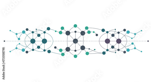Network with teal green  violet nodes interconnected by lines  circles on a white background