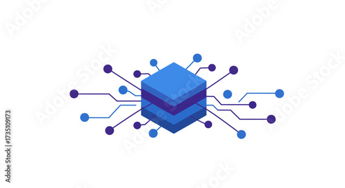 Two stacked blue squares linked by lines to blue and purple dots