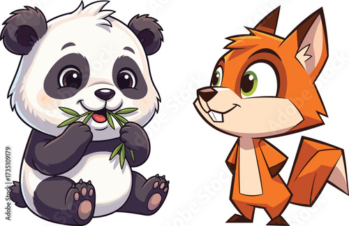 Cute panda eating bamboo, happy squirrel cartoon character, adorable animal vector illustration, funny wildlife drawing, kids design and mascot artwork