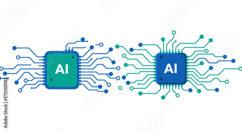 Two square AI chips with connected circuits one green and blue one blue and green on a white background