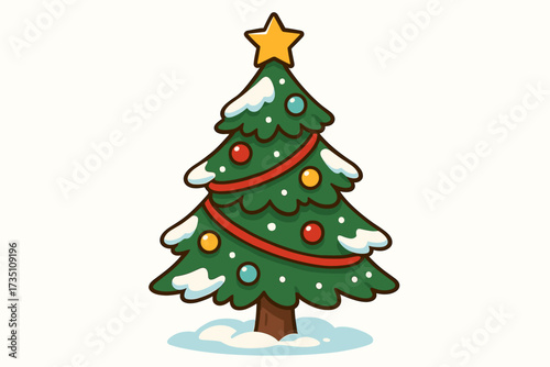 Christmas tree vector cartoon isolated on white. Snowy decorated pine for Xmas holiday celebration. Festive winter graphic with star and ornaments for greeting card design.