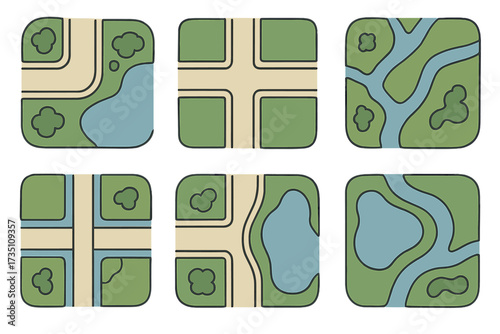Top view city map constructor elements. Set of road, river, park and lake shapes. Town plan creator kit for urban or nature landscape. Flat vector icon or game asset design.