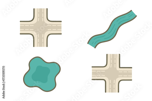 City map creator elements set. Top view vector collection of urban and town shapes. Flat illustration of road intersection, street crossroads, river, and lake for constructor.