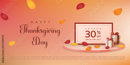 Happy Thanksgiving Banner with Falling Leaves, Coupon and Gift Boxes on podium. Vector illustration.