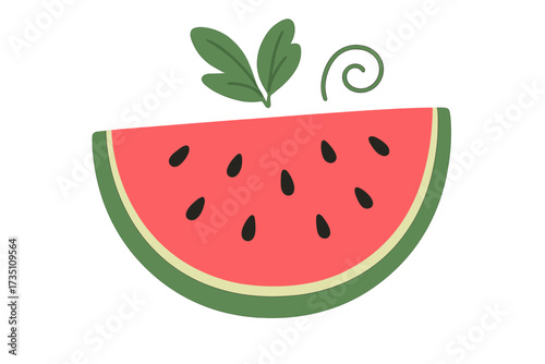 Vector illustration of a fresh watermelon slice. Flat design graphic icon of a summer fruit. Healthy organic food concept. Juicy melon with seeds and leaf for creative design.