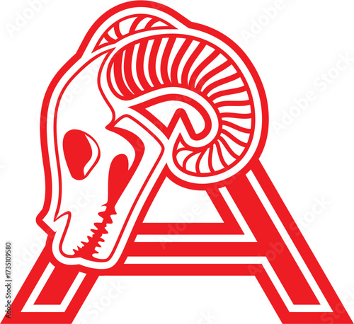 Red Ram Skull and Letter A Graphic Logo Design - Bold Stylized Initial Emblem Vector