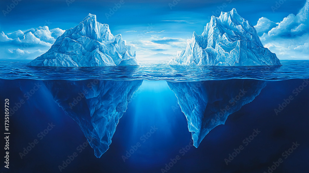 Fototapeta premium A serene depiction of icebergs above and below water, showcasing the beauty and depth of the ocean landscape.