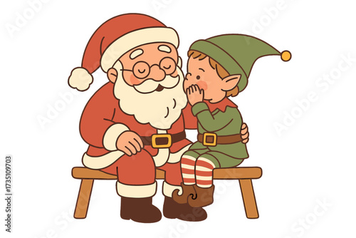 Santa Claus and a boy in an elf costume on his lap. Cute child whispering Christmas wishes and secrets in Santa's ear. Holiday magic concept. Flat hand drawn vector illustration.