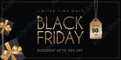 Black Friday banner with golden letters, shopping tag and gift boxes. Vector illustration.