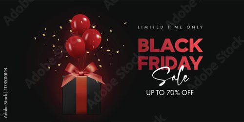 Black Friday Sale Banner with gift box and red balloons. Vector illustration	