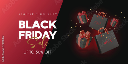 Black Friday Sale Banner with shopping bags and gift boxes. Vector illustration	