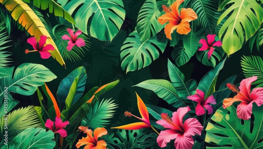 Naklejka premium Vibrant tropical foliage and bright hibiscus flowers create stunning jungle pattern