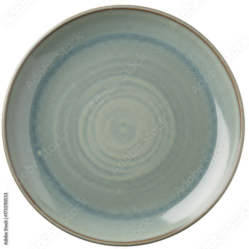 Textured Ceramic Plate with Subtle Blue and Green Glaze, Brown Rim Detail isolated on white background