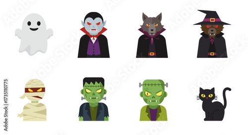 A sleek flat design vector illustration presenting 8 modern and abstract Halloween icons, perfect for contemporary digital projects. This collection utilizes geometric forms and a sophisticated.