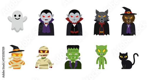 A sleek flat design vector illustration presenting 8 modern and abstract Halloween icons, perfect for contemporary digital projects. This collection utilizes geometric forms and a sophisticated.