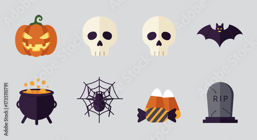 This flat design vector illustration presents a curated collection of 8 spooky Halloween objects and symbols, ideal for various design applications. Rendered with clean lines and a modern, minimalist.