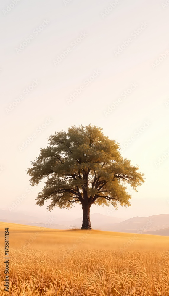 Obraz premium Solitary tree standing tall in a golden wheat field under a serene, hazy sky evoking peace and tranquility