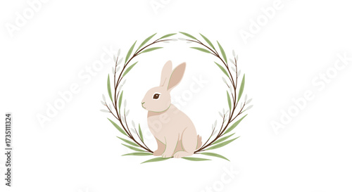 A gentle rabbit sits within a circular wreath of delicate green foliage and twigs.