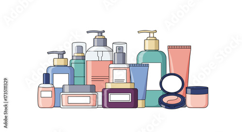 A collection of various skincare and cosmetic products arranged artfully together in a studio setting.