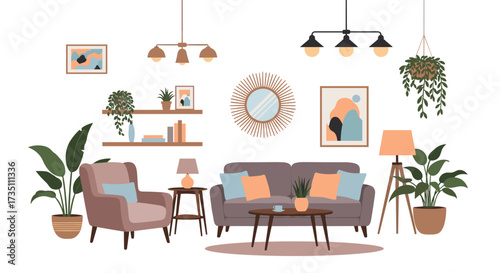 A cozy and stylish living room filled with plants and decorative items.