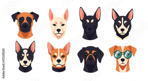 A collection of eight distinct dog faces each with a unique personality and expression.