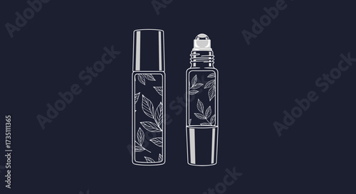 Elegant glass roller bottles with delicate leaf patterns for essential oils and perfumes.