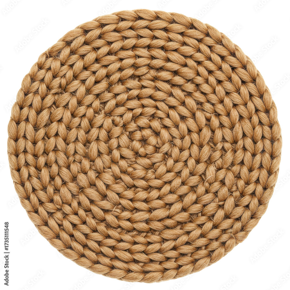 Obraz premium Circular Woven Coaster with Detailed Braided Texture and Natural Fiber Appearance isolated on white background