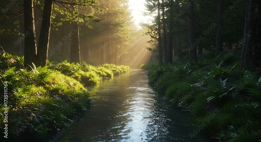 Fototapeta premium Serene forest stream sunlight filtering through trees in a tranquil natural scene
