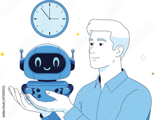 Man with robot and clock isolated on white background for time management