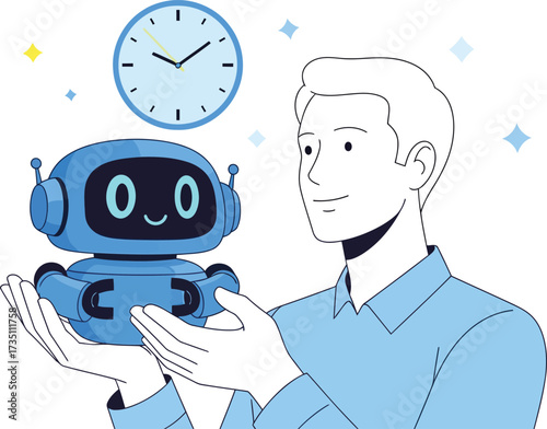 Man holding robot isolated on white background time management and automation