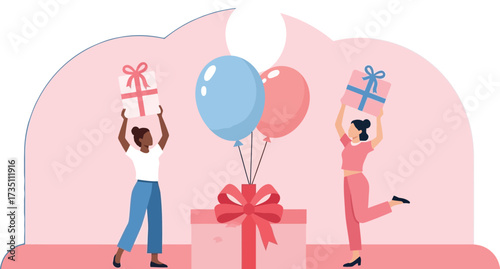 Two women are holding gift boxes with balloons isolated on white background
