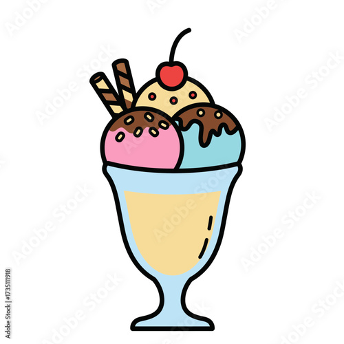 Colorful Ice Cream Sundae with Wafers in Glass Cup Sweet Dessert Illustration for Summer and Cafe Menu Concept