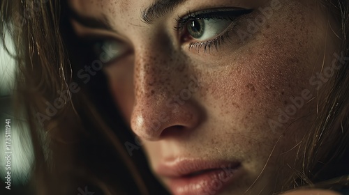 Close-up of a young woman's face with detailed freckles and contemplative expression captu natural beauty and soft lighting