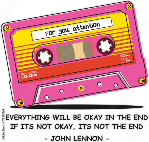 Retro Pink Cassette Tape Illustration with Motivational Quote on Optimism and Resilience. Vintage Audio Cassette Design.